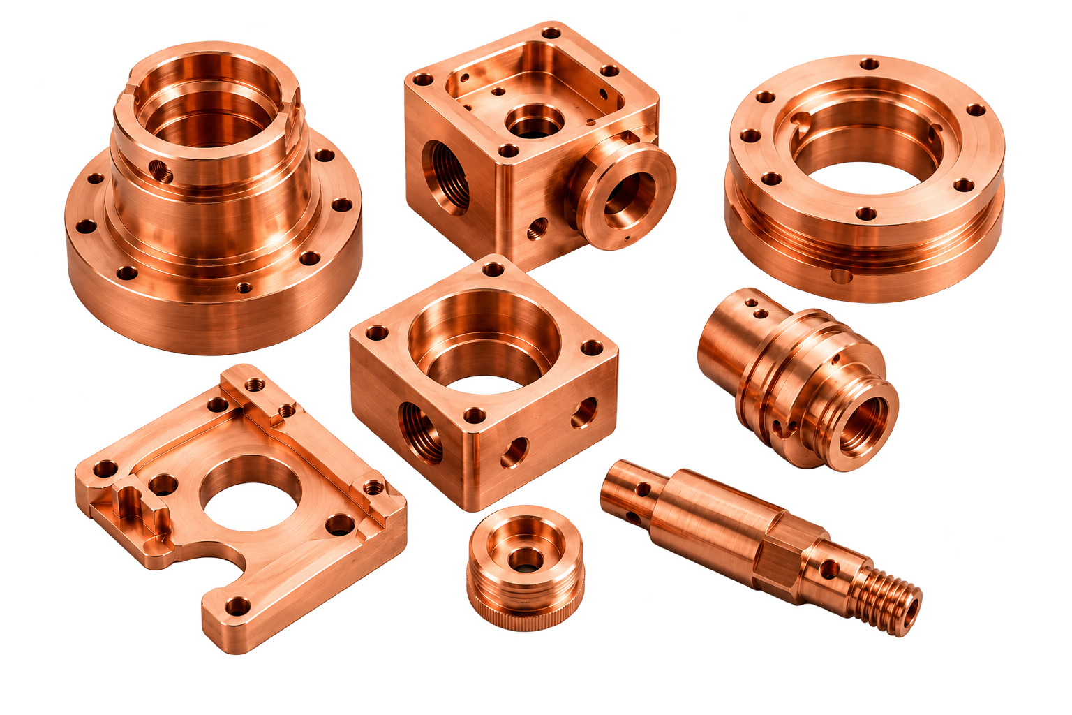 Collection of polished CNC machined copper parts: flanged blocks, a mounting plate, threaded fittings and turned shafts