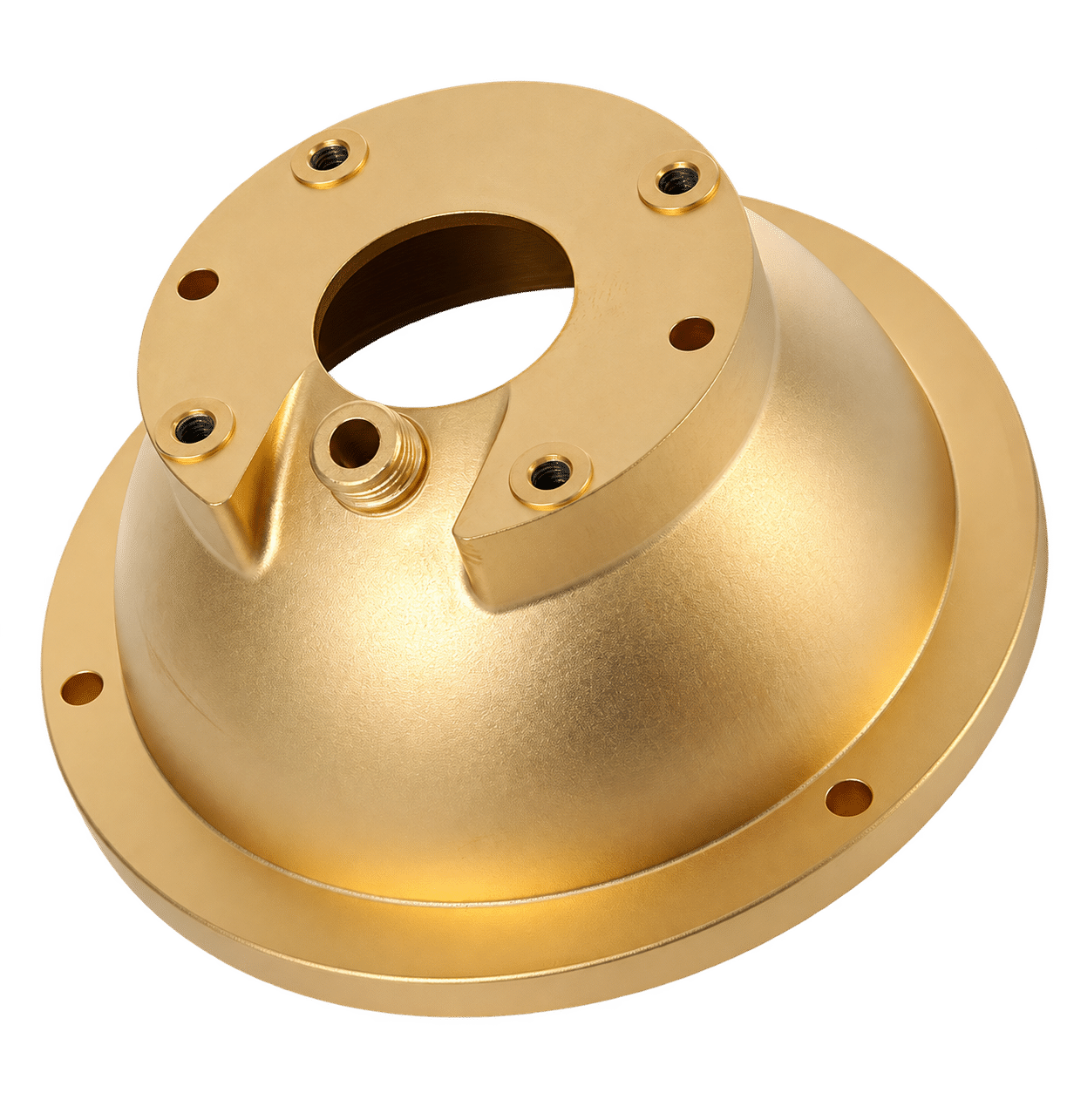 CNC machined brass dome housing with a flanged top, central bore, threaded holes and a threaded side port, polished