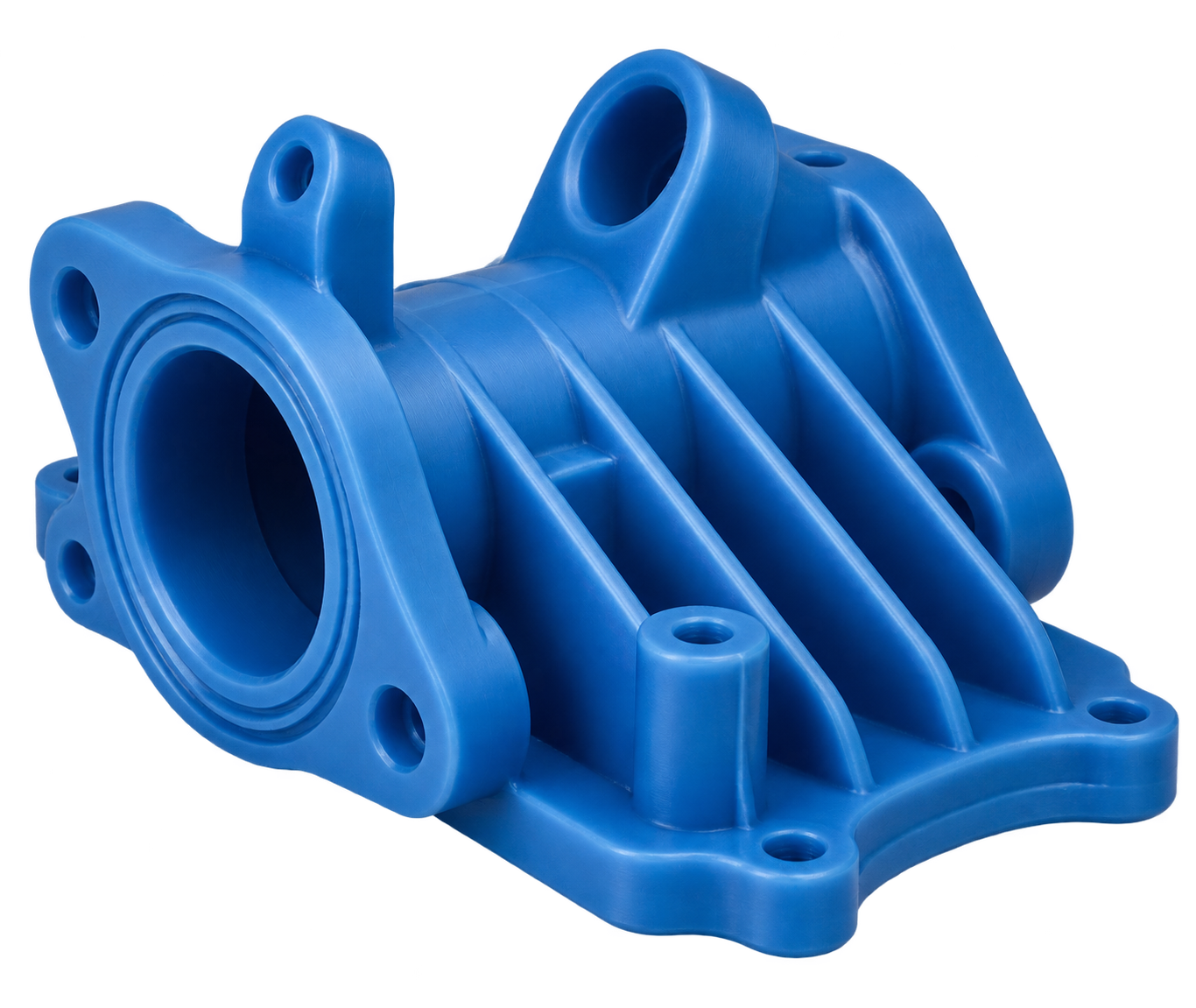 Blue CNC machined nylon pump housing with a flanged circular port, mounting lugs and reinforcing ribs