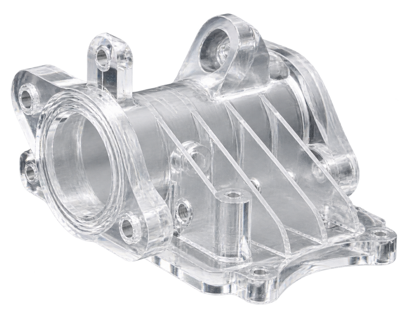Transparent CNC machined acrylic pump housing with a flanged circular port, mounting lugs and reinforcing ribs