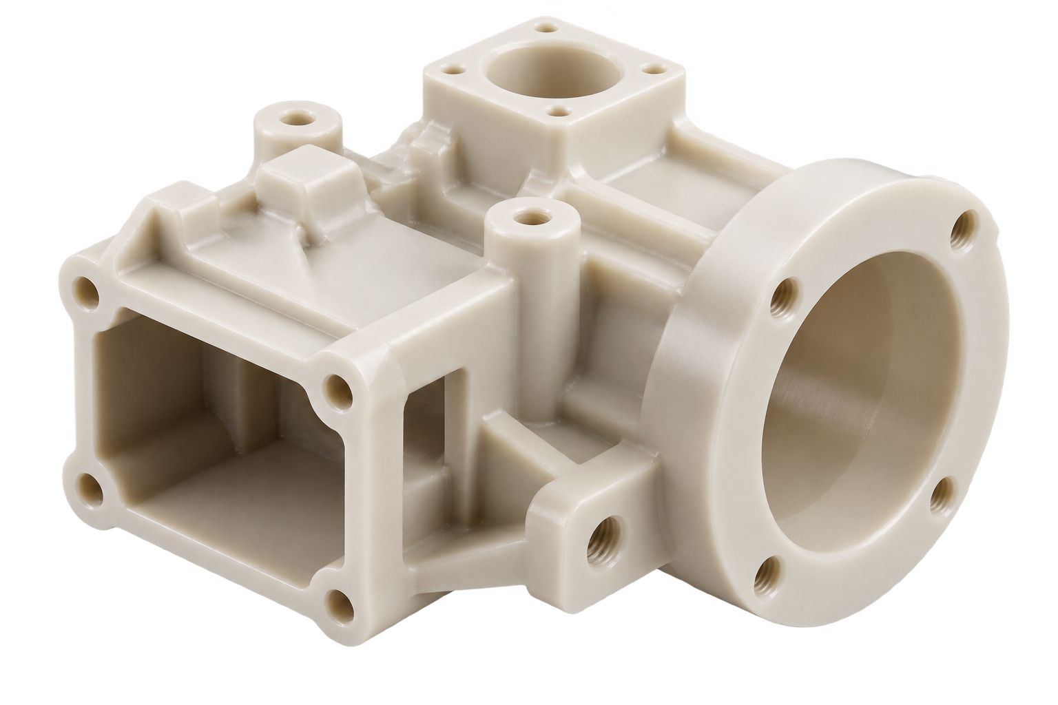 Natural beige CNC machined ABS housing with a large circular bore, threaded flange holes and a square top port
