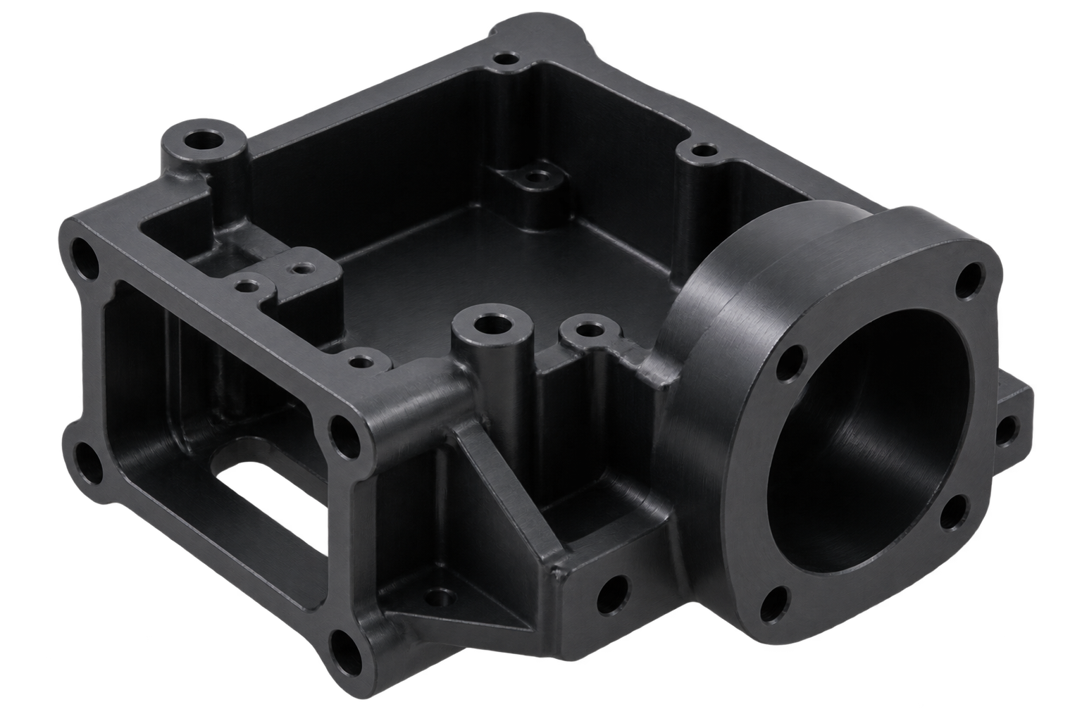 Black CNC machined ABS housing with a large circular bore, bolt-hole flange, window cutouts and mounting bosses