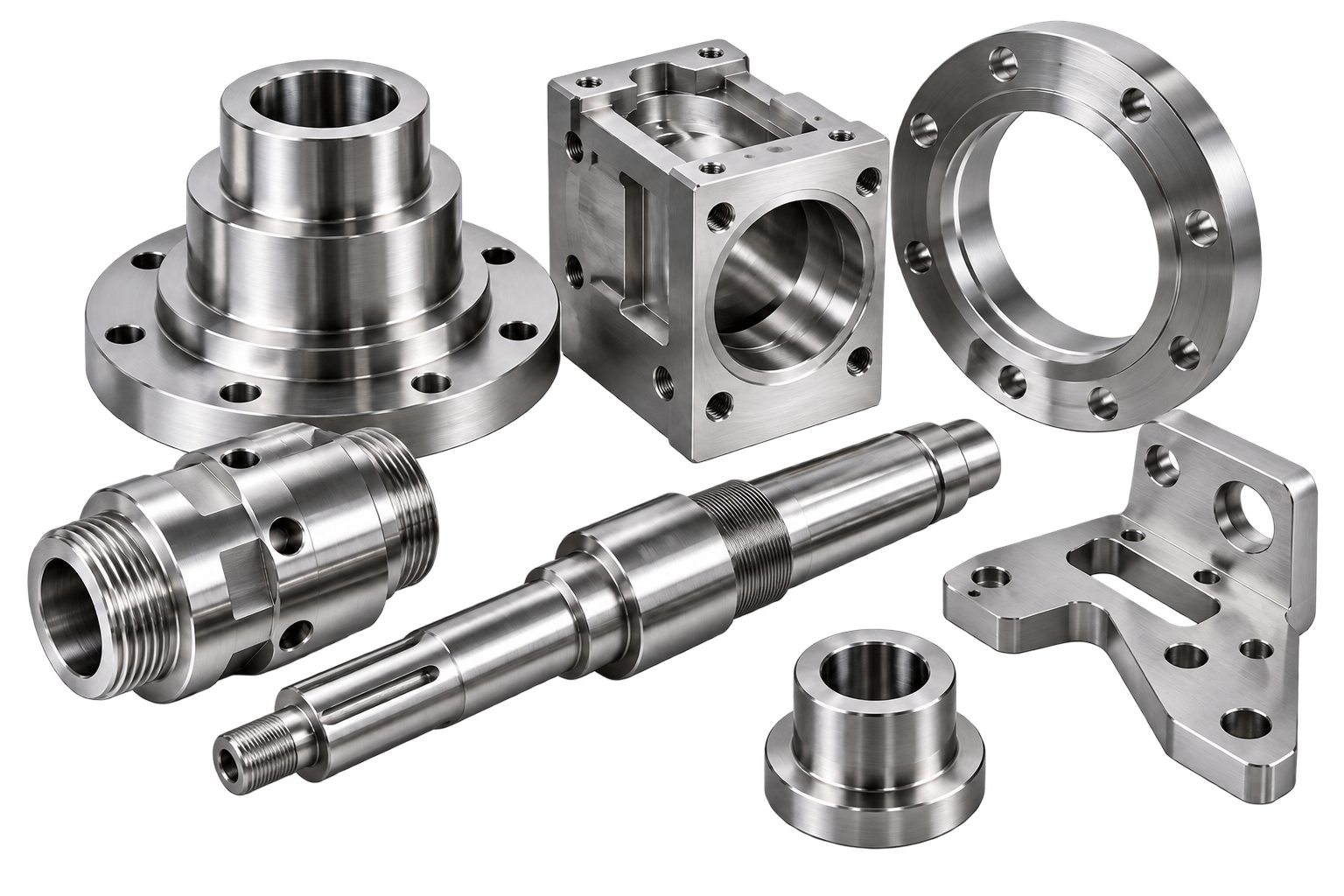 Collection of CNC machined steel parts: a long turned shaft, threaded housing, flanged bushing, bracket and flange rings