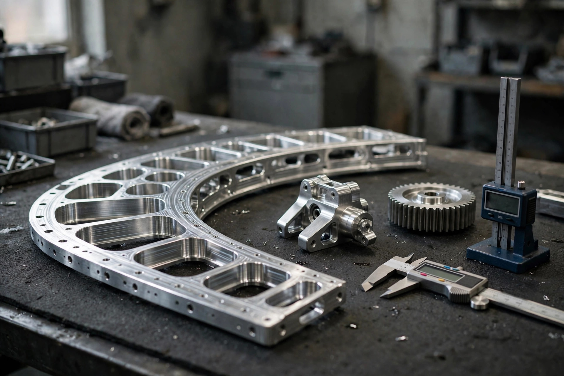 How to Machine 7075 Aluminum: Tooling, Speeds & Avoiding Distortion 2 Precision machined 7075 aluminum aircraft frame section, structural fitting and gear on an inspection table with calipers