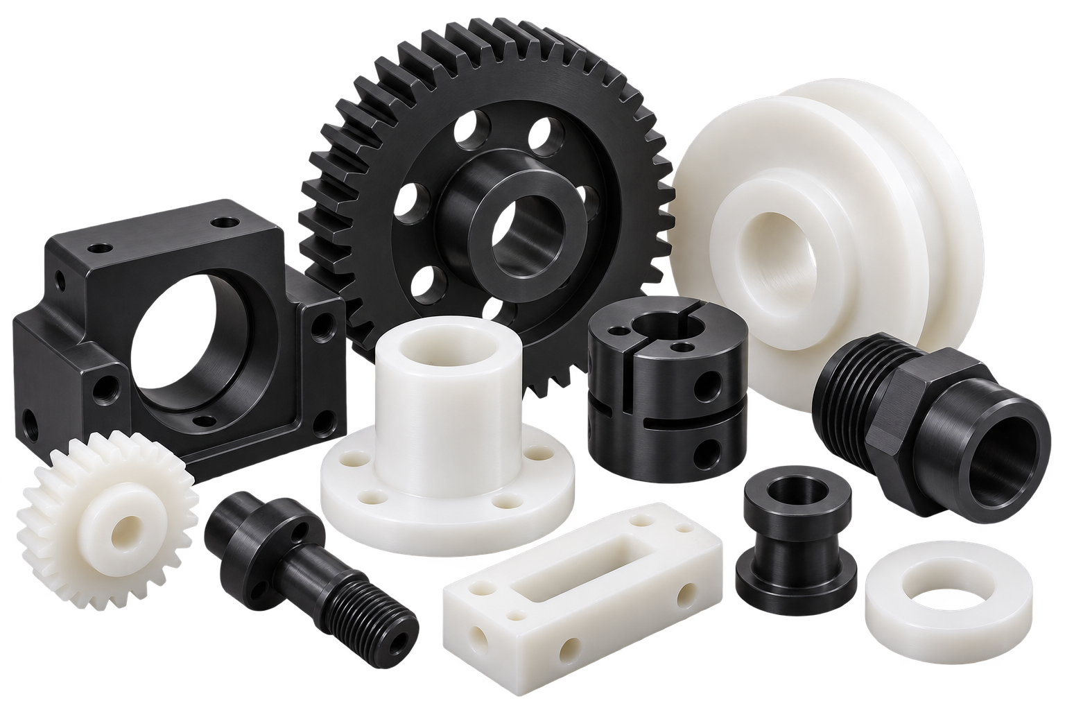 Collection of black and white POM Delrin machined parts: a plastic gear, flanged bushing, threaded fittings, blocks and rings