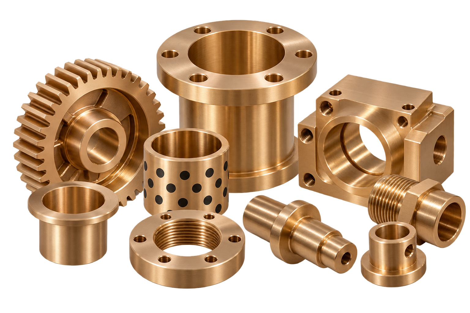 Collection of machined bronze parts: flanged bushings, a threaded flange ring, turned sleeves and a graphite-plugged bushing