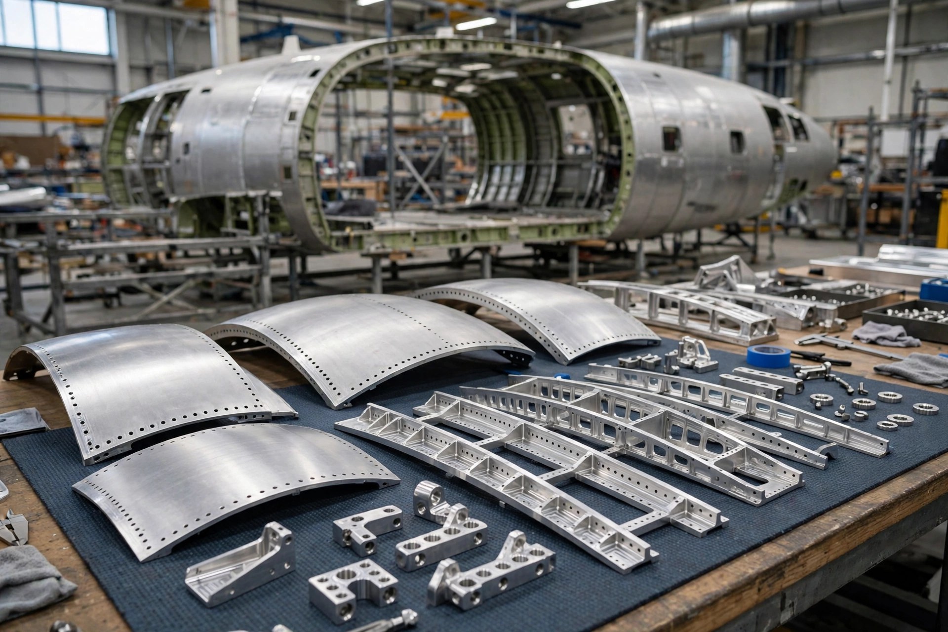 Machined 2024 aluminum fuselage skin panels, ribs and tension fittings laid out in front of an aircraft fuselage section