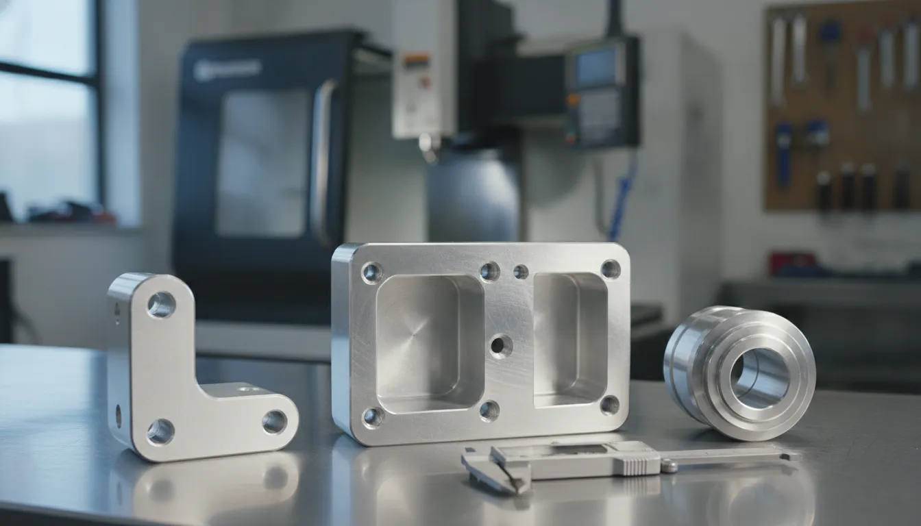 CNC machined aluminum prototype parts with a caliper on a machine shop bench