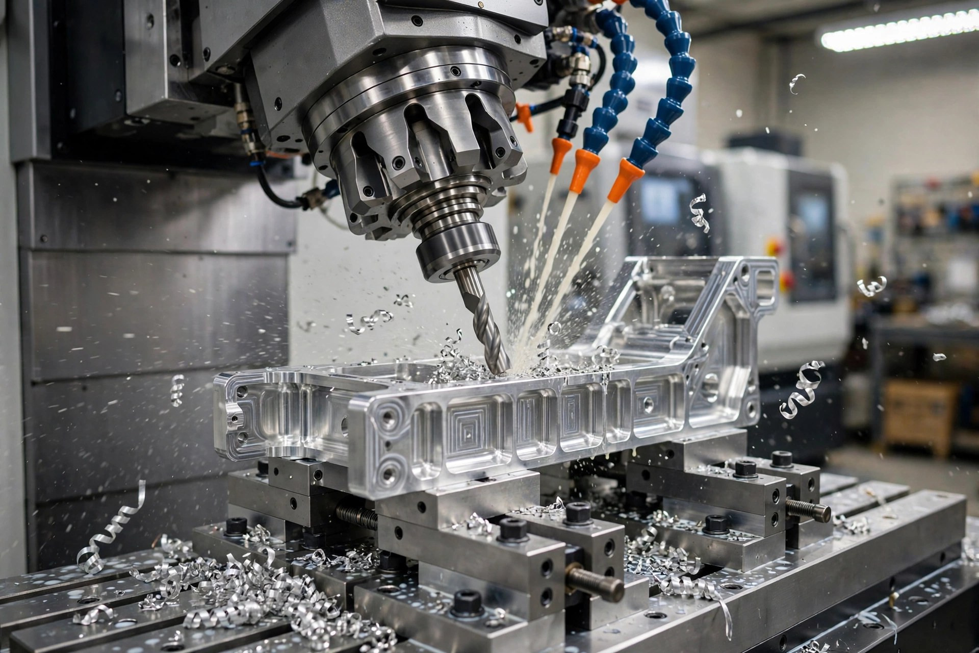 CNC milling machine machining a pocketed 2024 aluminum aerospace structural part, with coolant jets and long curled aluminum chips