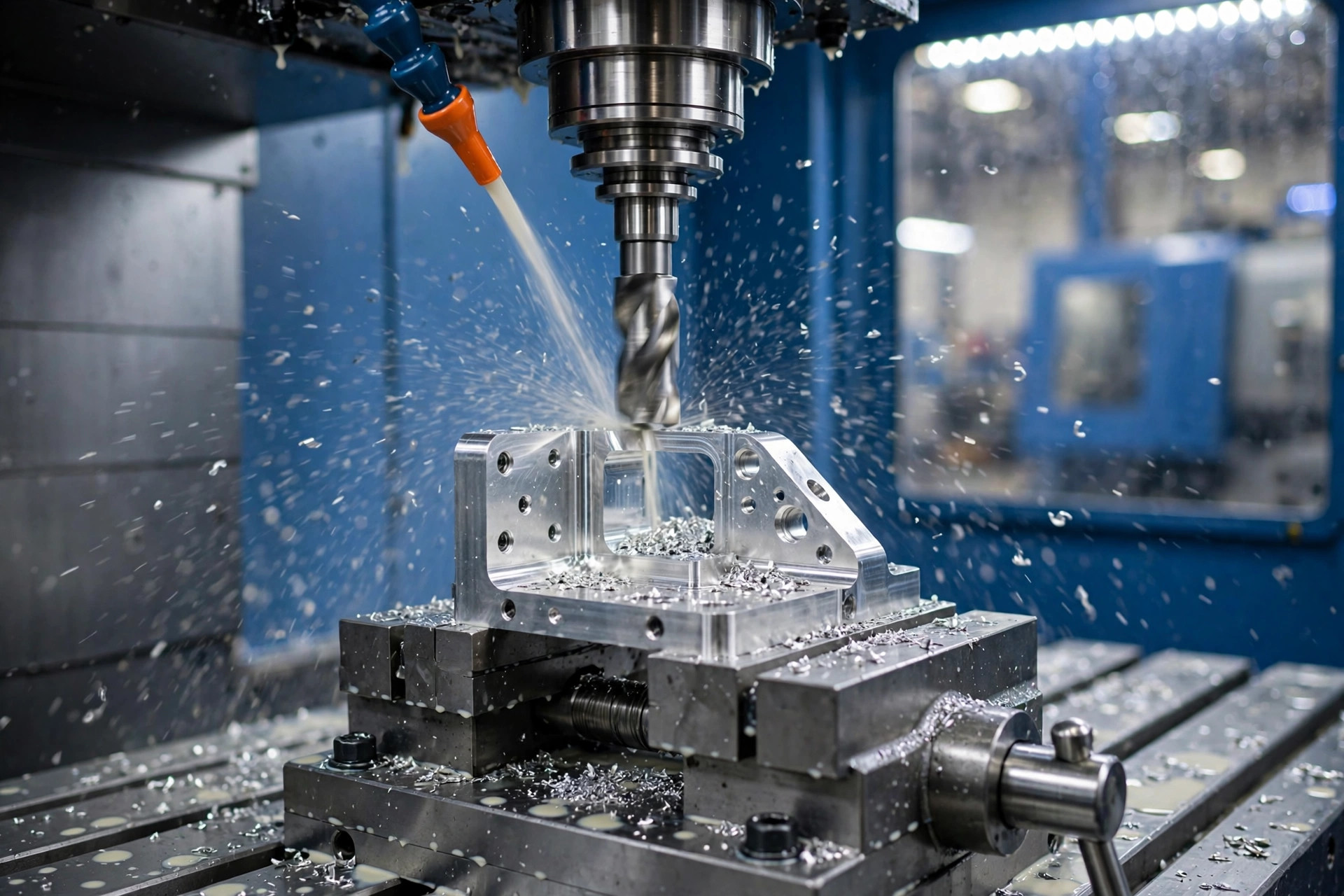 CNC milling a 7075 aluminum aerospace bracket with a carbide end mill under flood coolant