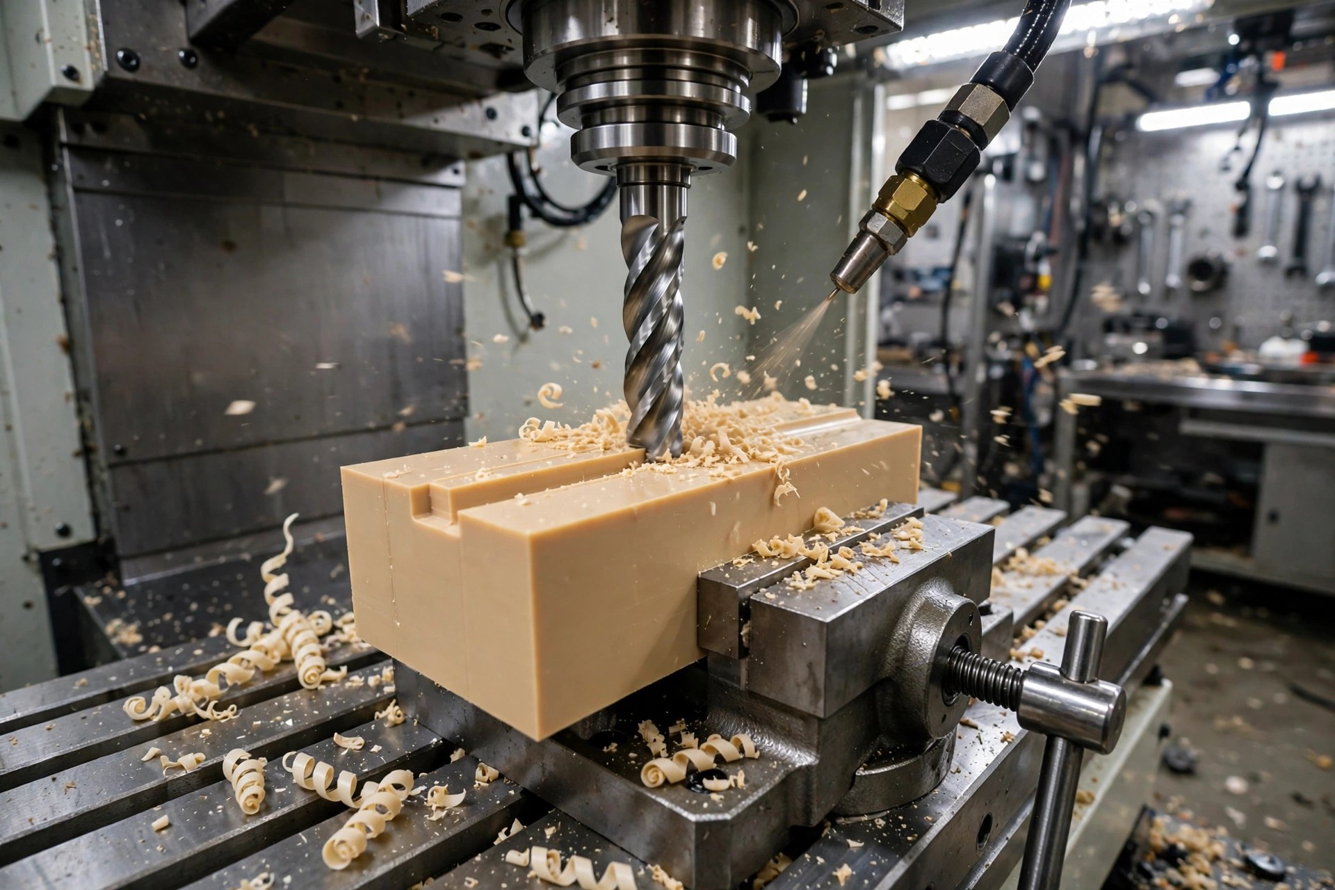 CNC milling a beige PEEK workpiece with an air blast nozzle clearing curled PEEK chips