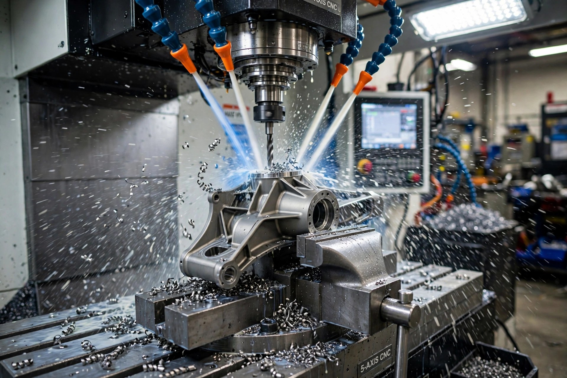 CNC machining titanium on a 5-axis milling machine with high-pressure coolant cutting a titanium aerospace part