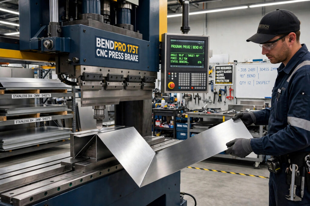 Operator bending a stainless steel sheet on a CNC press brake