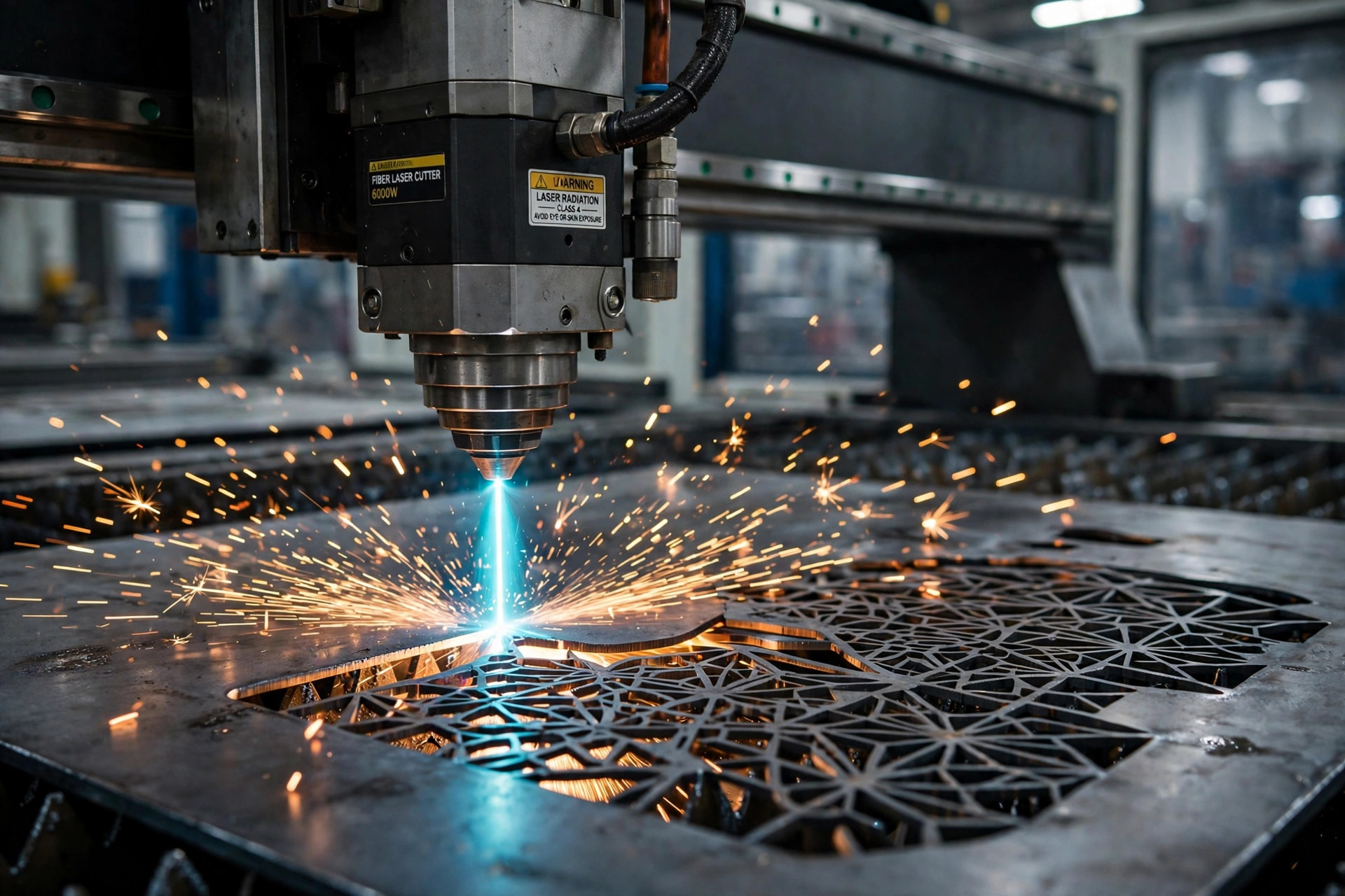 Fiber laser cutting head cutting an intricate pattern into a steel sheet with sparks