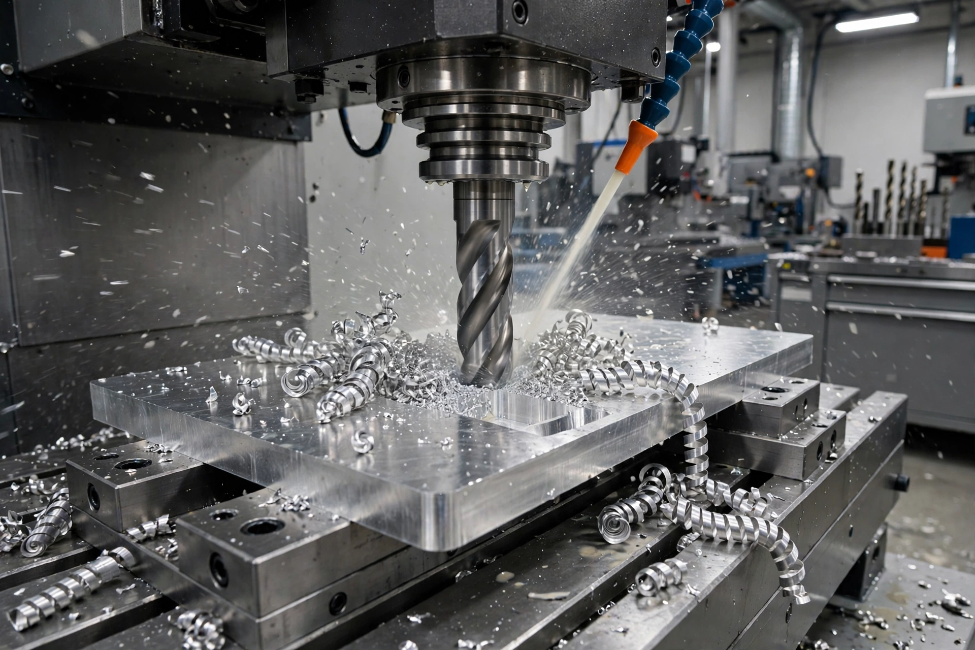 CNC mill machining a 6061 aluminum plate.