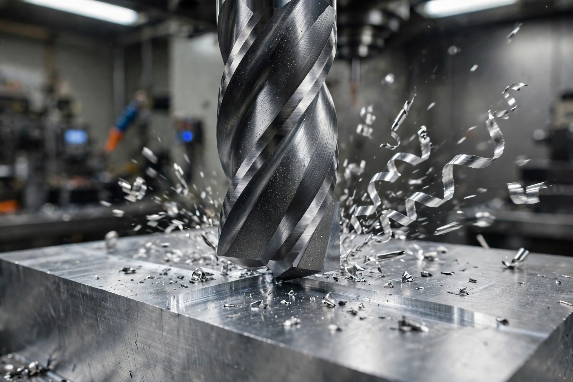 6061 Aluminum CNC Machining: Properties, Tolerances & Finishes for 6061-T6 Parts 1 Carbide end mill cutting 6061 aluminum with curled chips.