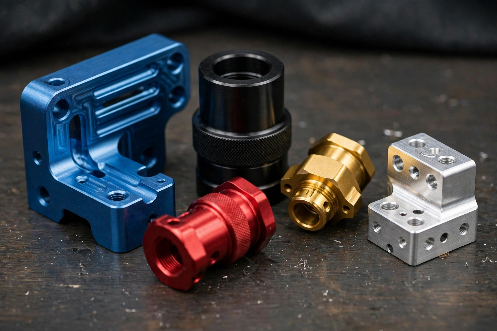 CNC machined aluminum parts with blue, black, red and gold anodized finishes