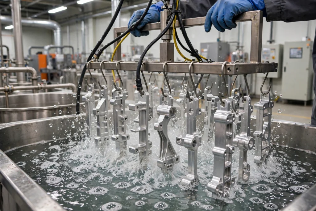 What Is Anodizing? How It Works and What It Does to Aluminum 1 Aluminum parts on titanium racks being lowered into an anodizing tank