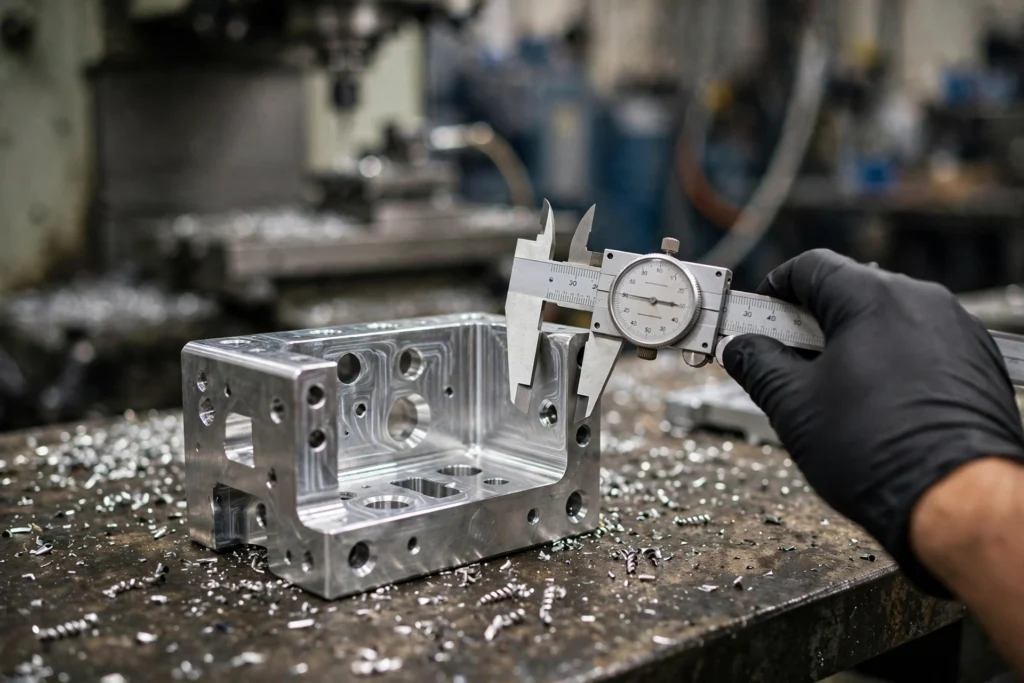 What Is Rapid Prototyping? Process, Benefits & How It Works 2 CNC machined aluminum prototype being measured with a dial caliper.