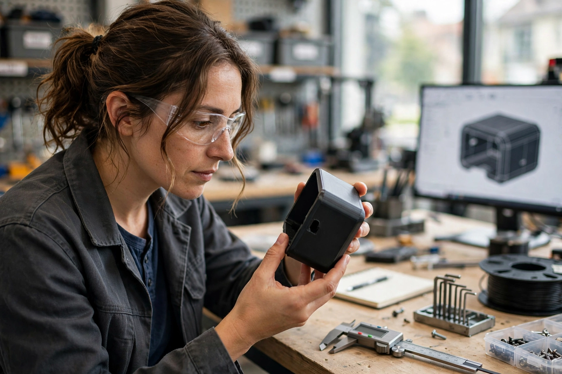 Engineer inspecting a rapid prototype enclosure in a workshop.