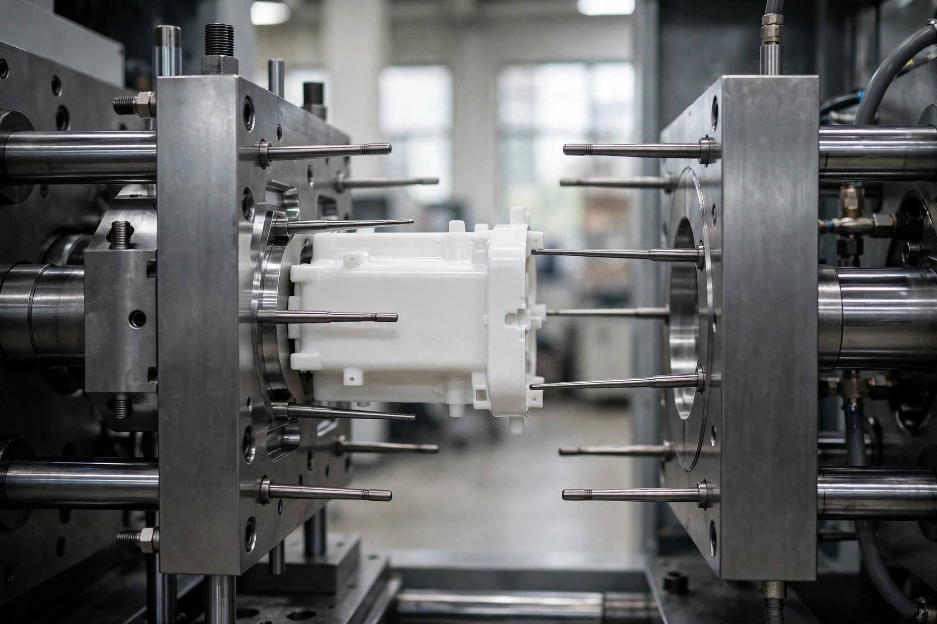 Injection molding machine ejecting a finished plastic part from an open steel mold
