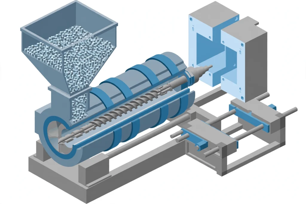 What Is Injection Molding? Process, Materials & How It Works 1 Cutaway diagram of an injection molding machine showing the hopper, barrel, screw, mold and clamp