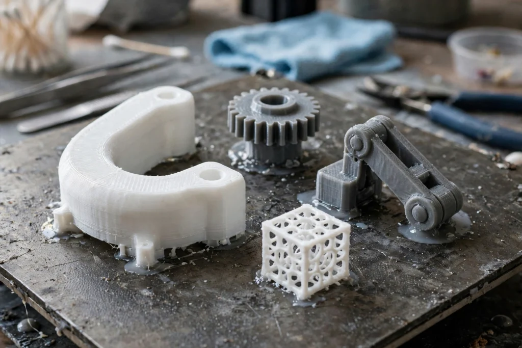 What Is Rapid Prototyping? Process, Benefits & How It Works 1 3D printed rapid prototypes with visible layer lines on a workbench.