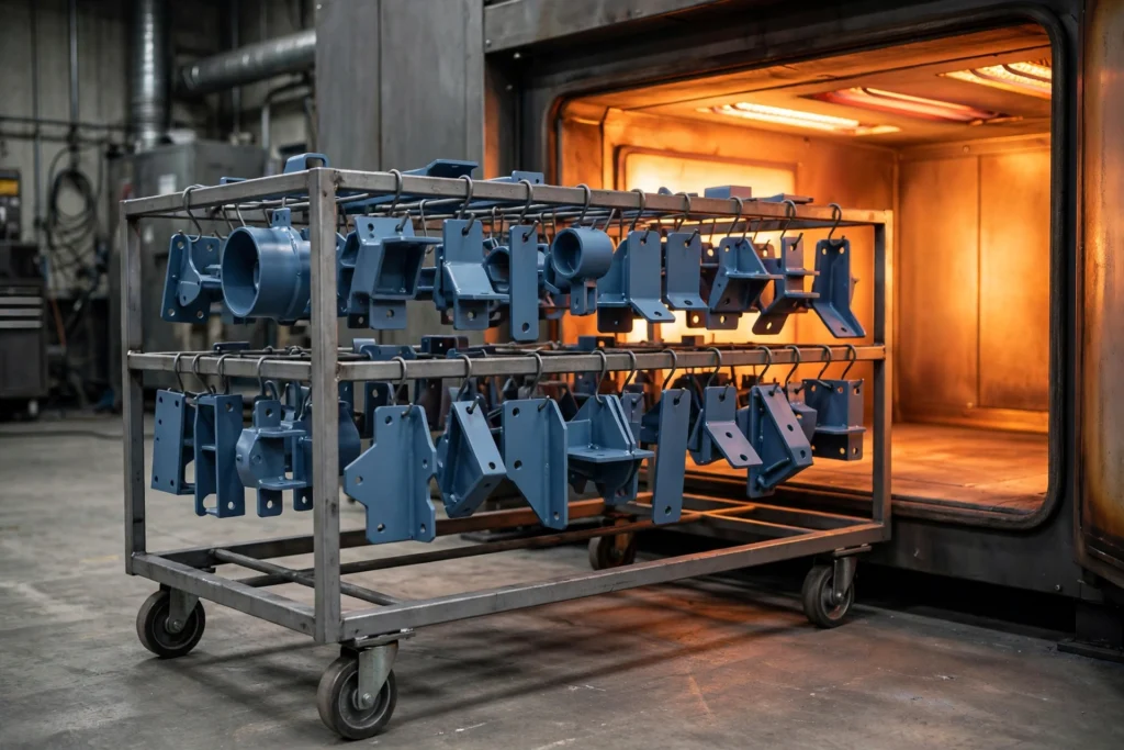 Powder coated parts curing in an industrial oven.