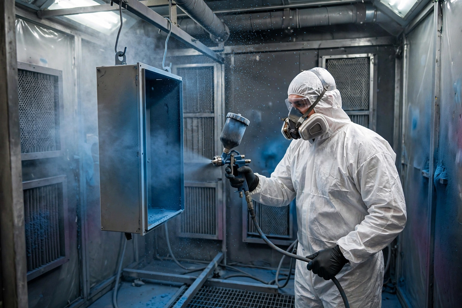 Worker applying powder coating with an electrostatic spray gun to a metal part.