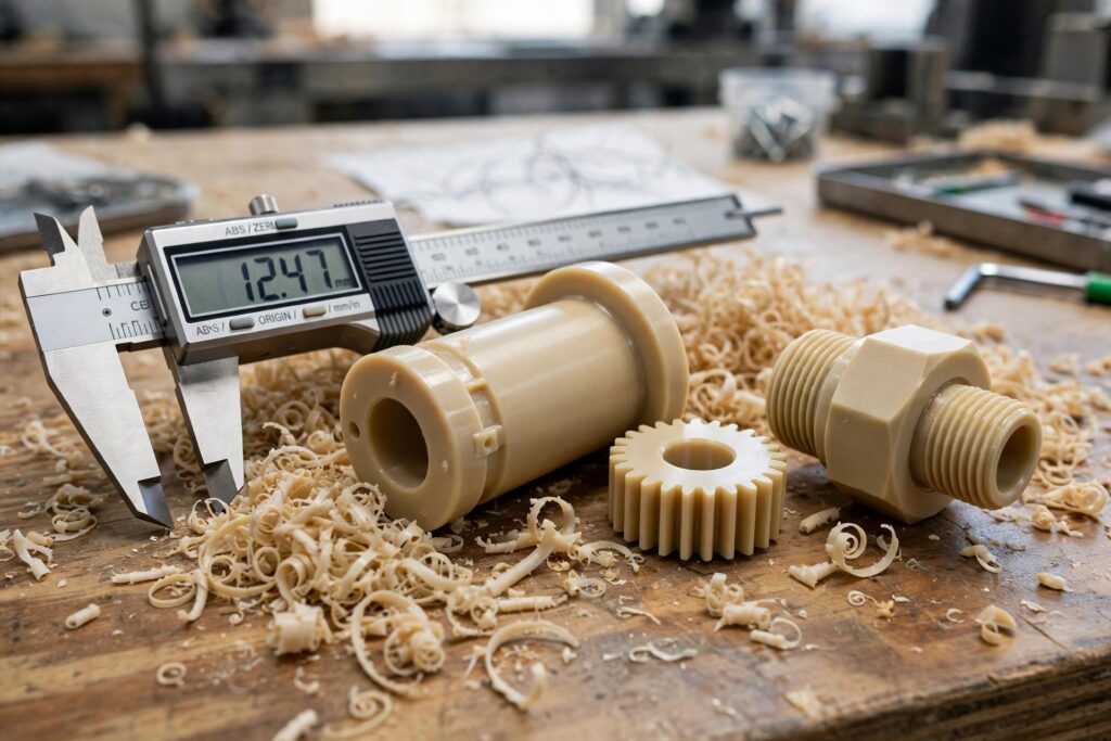PEEK Machining Speeds and Feeds: CNC Cutting Parameters for Milling, Turning and Drilling 1 Machined beige PEEK parts, a bushing, gear and threaded fitting, beside a digital caliper and PEEK shavings