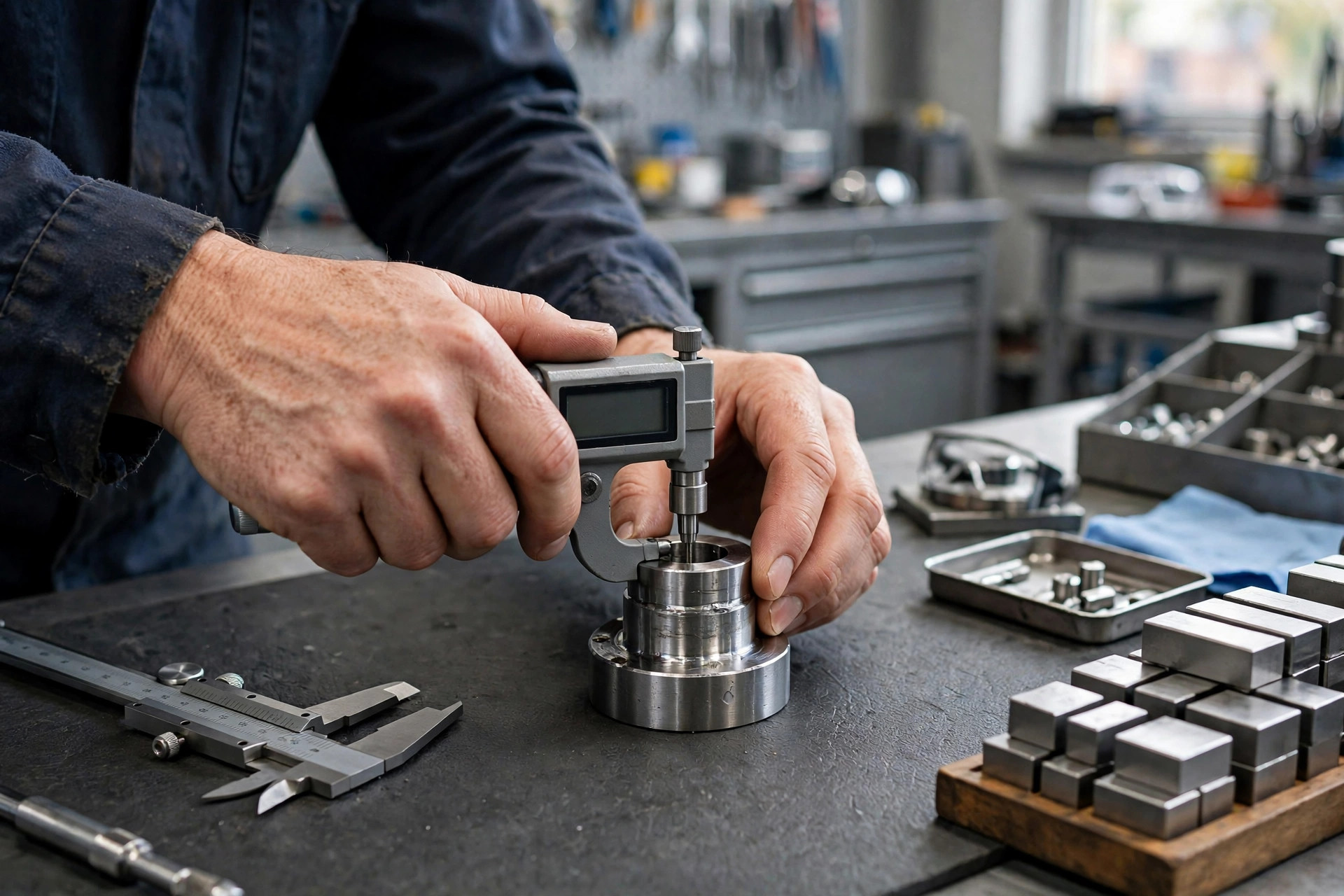 What Is Precision Machining? Processes, Tolerances & Uses 2 Machinist measuring a machined metal part with a digital micrometer on an inspection bench