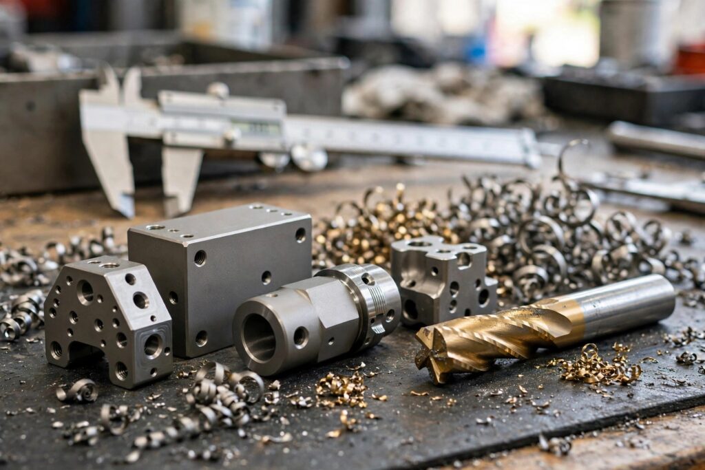 Finished machined titanium parts beside a TiAlN-coated carbide end mill and titanium chips